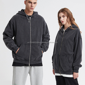 Heavy pound 420g wool ring zipper hoodie pure cotton made old <b>retro</b> edging damage hoodies unisex - Product Image 3