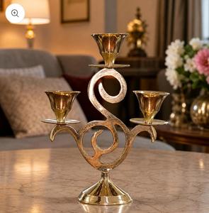 Golden Metal <b>Candelabra</b> With Three Arms For Home Decoration Heat Resistant Round Shape - Product Image 3