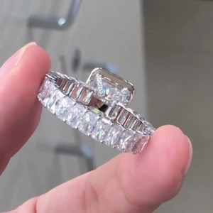 Silver Rhodium Plated Moissanite <b>Ring</b> Radiant Cut Eternity Band Rectangular Stone Minimalist Engagement Anniversary Wedding Gift - Product Image 4