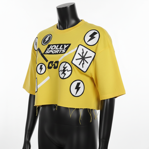 T-shirt court pour femme en jersey de coton premium, jaune, avec patch appliqué et logo thermocollé, respirant - Product Image 4