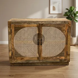 Mueble de Almacenamiento Vintage de Madera con Puertas Dobles de Mimbre Tejido a Mano, Acabado Rústico Natural, Mueble Hecho a Mano para Dormitorio - Product Image 6
