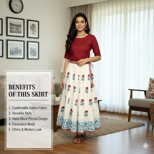 Jupe longue artisanale éthique à empiècements, 100% coton, imprimé floral, style traditionnel indien Kali, taille ajustable à nouer - Product Image 4