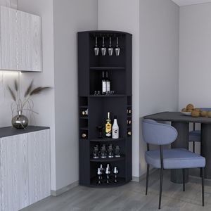 Mobile Bar Angolare da 71 Pollici con Cinque Ripiani, Otto Scomparti per Bottiglie e Portabicchieri, Colore Nero - Product Image 1