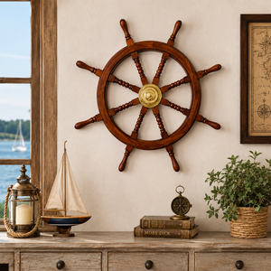 Décoration murale artisanale en bois en forme de roue de bateau nautique |   Décoration murale marine côtière de 76,2 cm |   Décoration d'intérieur rustique écologique - Product Image 1