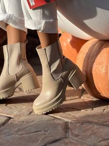 Bottines Chelsea à plateforme en PU beige, bout rond, talon épais, fermeture élastique, semelle extérieure antidérapante en TPR, pour l'été et l'automne - Product Image 1