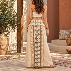 Natural Beige Bohemian Wrap <b>Maxi</b> <b>Skirt</b> Ethnic Tribal Fringe Design | Womens Festival Beach Resort Lightweight Summer Casual Wear - Product Image 4