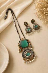Beautiful Designer Antique Oxidized Pendant Necklace <b>Set</b> with Matching Earrings | <b>Pearl</b> Detailing | Ethnic Statement Jewellery - Product Image 4