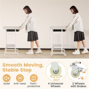 Scrivania Mobile per Computer in MDF Bianco con Vassoio per Tastiera e Ripiano Portaoggetti, Ruote Bloccabili a 360°, Spostabile per Casa, Ufficio e Hotel - Product Image 5