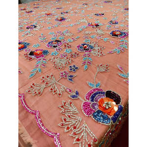 Tissu en tulle de luxe pêche, lourdement perlé, broderie florale 3D faite à la main, dentelle pour robe de bal haute couture, matière pour robe de mariée - Product Image 2