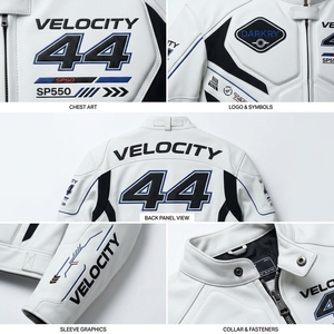Velocity 44 Men's Motorcycle Jacket White Stand Collar Zipper Breathable Moto <b>Biker</b> Style <b>Patch</b> Designs - Product Image 6