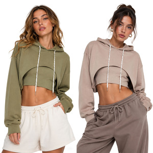 Minimalist Solid Color Layered Crop Hoodie women's shirt Custom Cotton Open Front Bolero <b>Shrug</b> Long Sleeve Drawstring Athleisure - Product Image 2