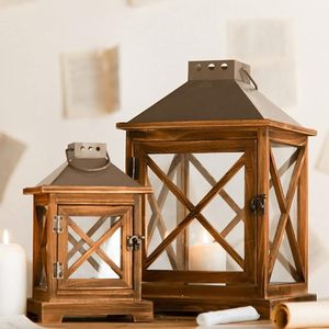 Rustic <b>Square</b> Wooden Candle Lantern Distressed Solid Wood <b>Glass</b> Pane Metal Top for Wedding Christmas Home Decor - Product Image 1
