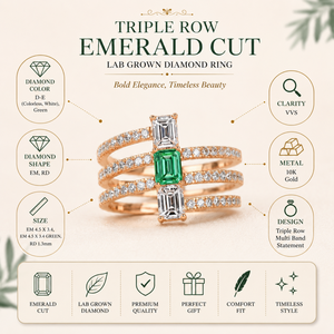 Anillo de Semielternidad con Diamante Cultivado en Laboratorio con Corte Esmeralda Verde en Oro de 18K |   Joyería de boda de triple hilera con múltiples piedras para mujer - Product Image 6