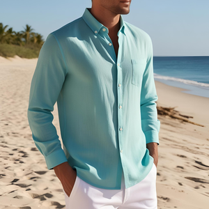 Camisa de Hombre de Verano, Transpirable, de Lino y Algodón, Satén, Informal, Antiarrugas, con un Solo Botón, Cuello Camisero, Manga Larga, Lisa - Product Image 2