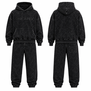 ชุดเซ็ตแฟชั่นสตรีทแวร์ผู้ชาย พรีเมียม แบล็ค แอซิดวอช เสื้อฮู้ดดี้โอเวอร์ไซส์ กางเกงจ็อกเกอร์ ผ้าฟลีซหนานุ่ม รับผลิตแบบ OEM ODM ขายส่ง - Product Image 3