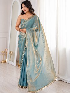 Sari en satin Fendy bleu aqua premium, finition scintillante dorée, bordure ornée, pompons de créateur, réversible, protection solaire, assorti - Product Image 1