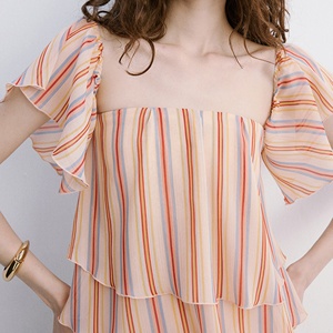 เสื้อผู้หญิงลายทางเปิดไหล่ แขนระบายเป็นชั้นๆ ผ้าชีฟองสีพาสเทล เสื้อกล้าม ผู้ผลิตเสื้อผ้า - Product Image 4