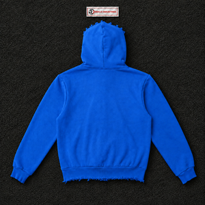 Sudadera con capucha azul extragrande con cremallera completa, estampado de estrellas rojas y borde desgastado, estilo streetwear unisex de ajuste holgado. ¡Oferta! - Product Image 6