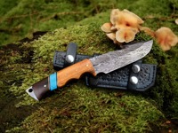 Couteau de chasse industriel OEM fait main DIY, en acier Damas, manche bois et résine, pointe clip, 9 pouces de longueur totale, étui en cuir