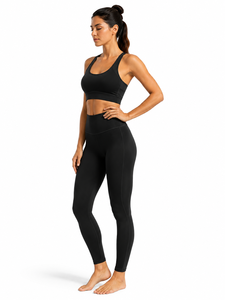 Ensemble de yoga noir 2 pièces : Crop top dos nageur et Legging taille haute longueur intégrale, avec surpiqûres contrastées, sans couture, écologique et respirant - Product Image 3
