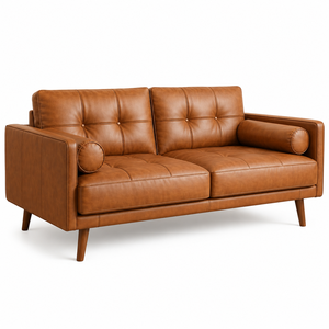 Premium Brown Real Leather Couch <b>with</b> Button Tufted Back for Contemporary Home Furniture Design Mid Century Modern Leather <b>Sofa</b> - Product Image 2