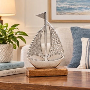 Figura Decorativa de Velero Náutico en Metal sobre Base de Madera, Decoración Moderna para Mesa de Salón u Oficina - Product Image 2