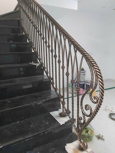 Elegant custom wrought iron railing system featuring decorative patterns and solid wood handrail for villas projects!! - Product Image 3