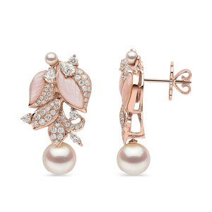 Boucles d'oreilles pendantes en or rose avec perles et design feuille pavée de diamants pour femme, bijoux de mariage, style luxueux - Product Image 2