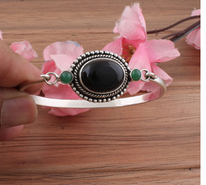 Natural Black Onyx Bangle 925 <b>Silver</b> Plated For Women Vintage Bohemian Style Black Gemstone <b>Cuff</b> <b>Bracelet</b> Handmade For Woman - Product Image 1