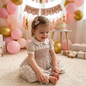 Robe d'été en satin respirant à col Peter Pan, motif floral géométrique orange, faite à la main, superposée et smockée, pour enfants, vente en gros, ODM - Product Image 5