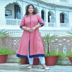 Kurta Anarkali en rayonne à imprimé géométrique rose, grande taille, col rond, manches trois quarts, léger, pour occasions spéciales - Product Image 1