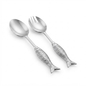 Ensemble de cuillères et fourchettes à salade en acier inoxydable avec design poisson vintage, manche en aluminium, finition argentée, couverts de luxe - Product Image 1