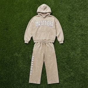 Conjunto de Sudadera con Capucha Oversize Beige Lavado y Pantalones Anchos de Felpa para Mujer, Chándal de Algodón Estilo Urbano OEM ODM - Product Image 6