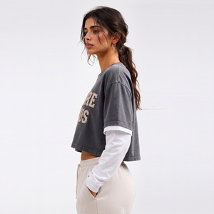 Wholesale Double Layer Crop T Shirt <b>Distressed</b> Embroidered Crew Neck Tee Drop Shoulder Stone Washed T-Shirt 100% Cotton Crop <b>Top</b> - Product Image 3