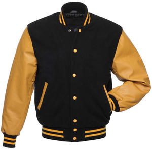 Veste universitaire en laine beige à manches en cuir avec logo personnalisé pour homme, style baseball, col montant, pour étudiants. - Product Image 4