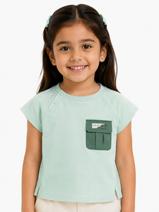 Camiseta Verde Menta con Bolsillo para Niñas, Top Informal de Algodón de Manga Corta, Camiseta Suave y Cómoda para Uso Diario, Estilo Moderno - Product Image 1