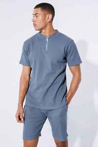 Ensemble de t-shirts à manches courtes pour homme, bleu, col zippé, en coton tricoté, décontracté, pour l'été, couleur unie, respirant - Product Image 6