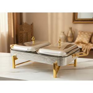 Plat à réchaud double noir avec accents ornés de diamants, poignées argentées et couvercles élégants pour événements de buffet de luxe et mariages - Product Image 3