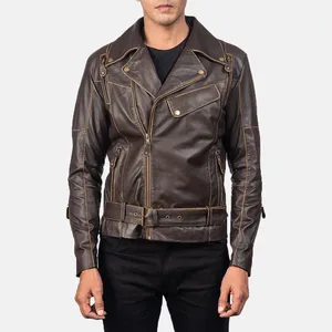 Sisa Apparels Vincent Brown Leather <b>Biker</b> <b>Jacket</b> for Men with Ruboff Vintage Finish Silk Screen Printed - Product Image 3