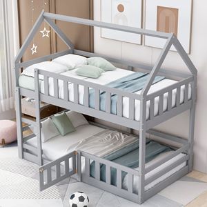 Letto a castello grigio a due piazze con recinzione e porta per bambini - Product Image 2