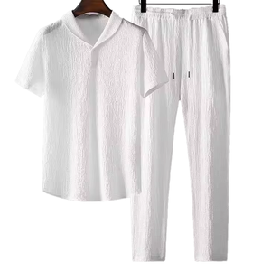 Ensemble de survêtement décontracté pour homme, noir, à manches courtes, col boutonné, couleur unie, en coton léger, coupe classique, idéal pour l'été - Product Image 6