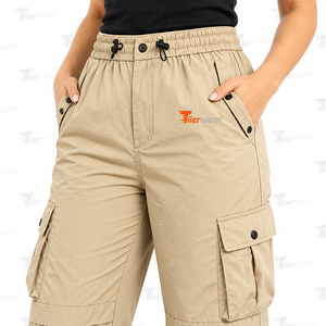Pantalones cargo beige para mujer, cintura media, con cordón elástico, corte holgado, pantalones utilitarios de largo completo, pantalones cargo para mujer en venta - Product Image 5