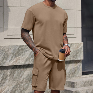 OEM Men's Terry Fabric Geometric Pattern Short Sleeve T-shirt & Shorts 2-Piece Custom Casual Summer Tracksuit Set Wholesale - Product Image 6