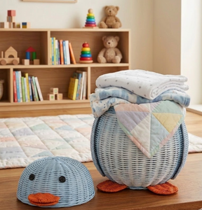 Handwoven Penguin Shaped <b>Wicker</b> <b>Storage</b> <b>Basket</b> with Lid Decorative Kids Toy Organizer, Nursery <b>Storage</b> Bin, Natural Rattan Home - Product Image 6