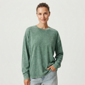T-shirt décontracté en coton à manches longues et col rond pour femme, coupe ample, couleur unie, respirant, idéal pour l'été, effet délavé - Product Image 1