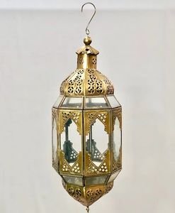 Brass <b>Lantern</b> With Blue Embossed Glass Panels Intricate Cutout Design Durable Home Decoration <b>Candle</b> Holder - Product Image 6
