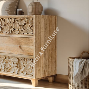 Commode à 3 tiroirs en bois massif artisanal de luxe, ornée de sculptures florales tropicales, finition naturelle en bois de manguier - Product Image 3