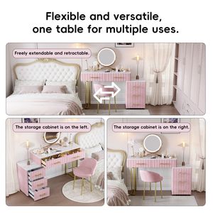 Velvet Upholstered Vanity <b>Desk</b> Chair 5 <b>Big</b> Drawers Makeup Table Marble-Look Sticker Top Pink Dressing Table Left/Right - Product Image 4
