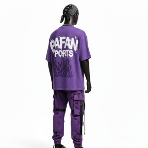 Ensemble t-shirt et pantalon cargo homme en coton polyester premium 240 GSM, imprimé flamme violet noir, logo personnalisé, 2 pièces - Product Image 5