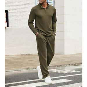 Conjunto Deportivo de Punto para Hombre, Color Verde Oliva, con Cierre de Cremallera de un Cuarto, Ropa Casual para Otoño, Secado Rápido, Color Sólido, Pantalones de Manga Larga - Product Image 2